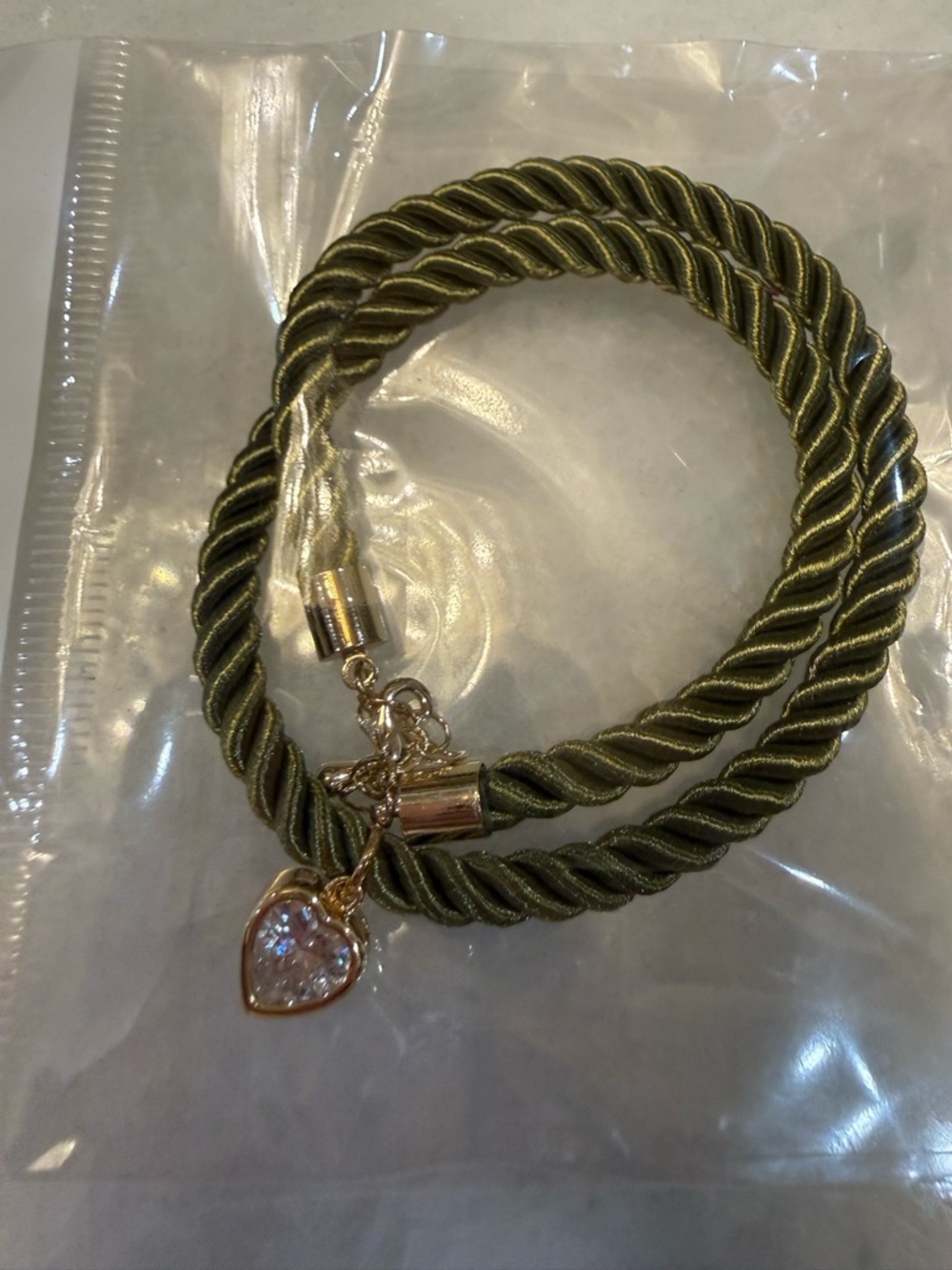 Twisted Rope Olive Green Bracelet with Heart Charm